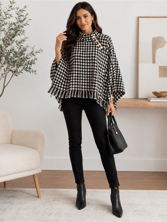 Zara Woman Tops - Zara Woman XS Houndstooth Poncho Cape Fringe Button Sweater Black Cream Luxury